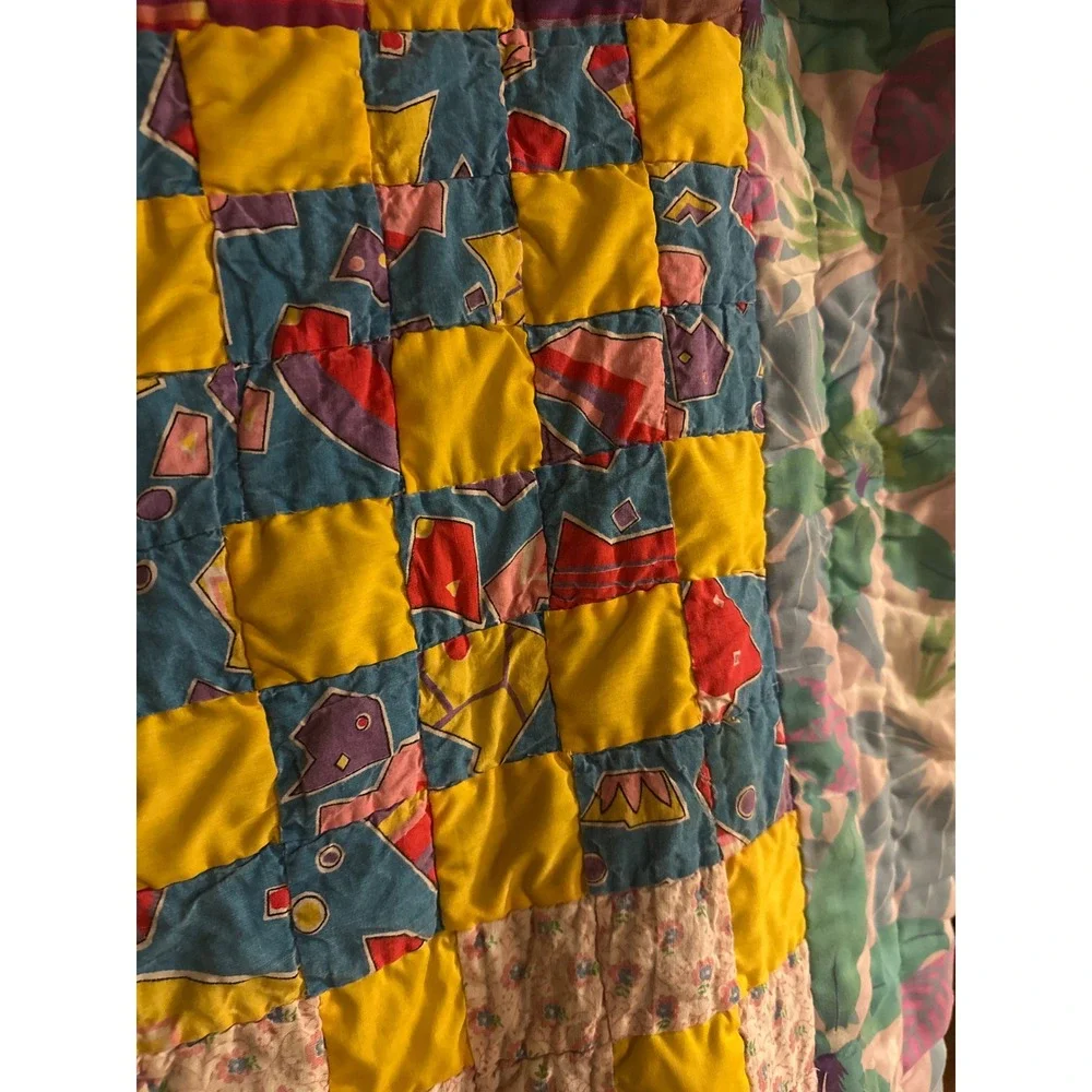 Vintage Handmade 80s 90s Patchwork Quilt Floral Geometric Print Multi Color